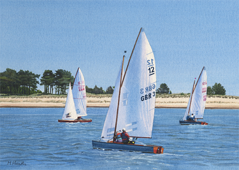 A watercolour painting of British Sharpies off to race at Wells-Next-the-Sea by Margaret Heath RSMA.